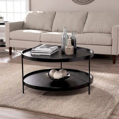 Table basse à deux niveaux ronde en bois au design moderne du milieu du siècle
