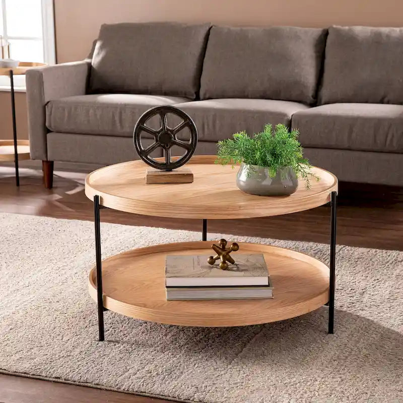 Table basse à deux niveaux ronde en bois au design moderne du milieu du siècle