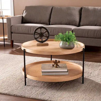 Table basse à deux niveaux ronde en bois au design moderne du milieu du siècle