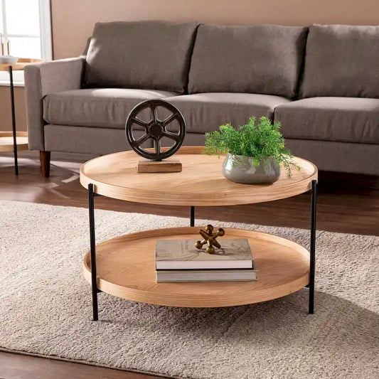 Table basse à deux niveaux ronde en bois au design moderne du milieu du siècle
