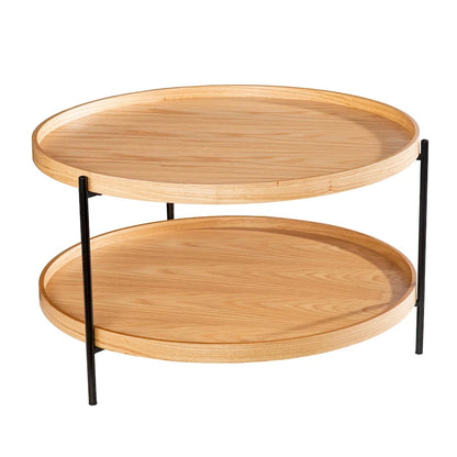 Table basse à deux niveaux ronde en bois au design moderne du milieu du siècle