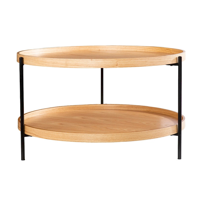 Table basse à deux niveaux ronde en bois au design moderne du milieu du siècle