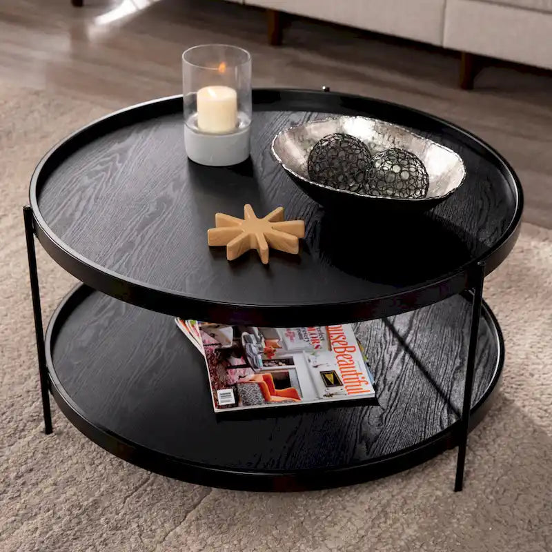 Table basse à deux niveaux ronde en bois au design moderne du milieu du siècle