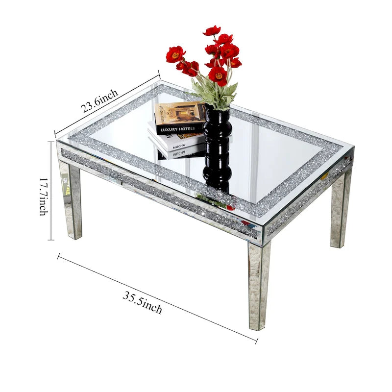 Table basse rectangulaire avec incrustation en cristal Table de salon miroir argenté