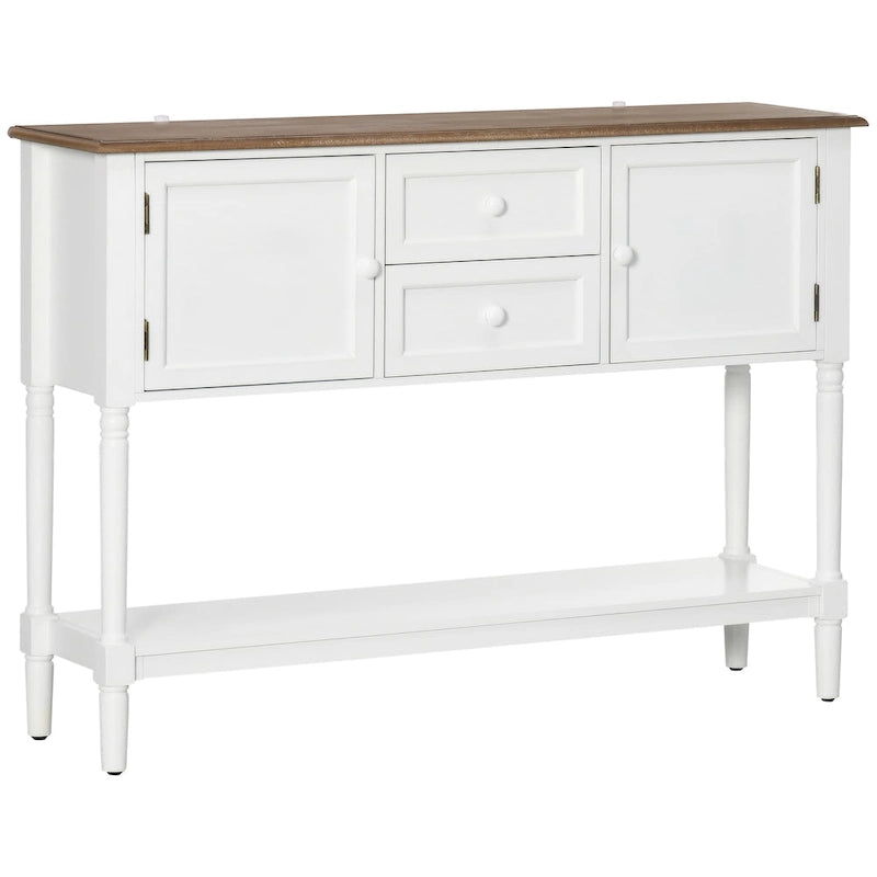 Console avec tiroirs, table d'entrée vintage avec 2 tiroirs, placards et étagère inférieure, blanc