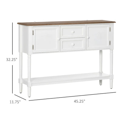 Console avec tiroirs, table d'entrée vintage avec 2 tiroirs, placards et étagère inférieure, blanc