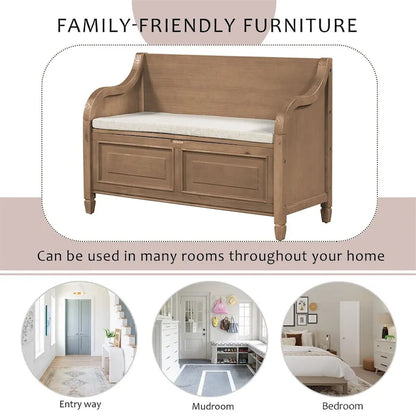 Banc de rangement multifonctionnel en bois massif, style rustique, pour entrée, 42 po