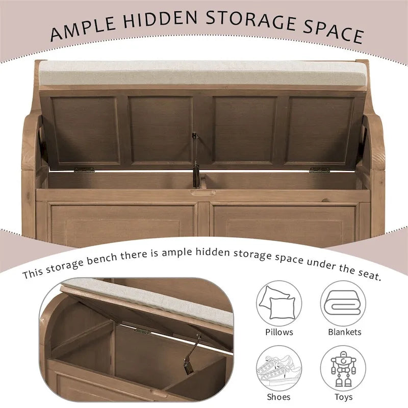 Banc de rangement multifonctionnel en bois massif, style rustique, pour entrée, 42 po