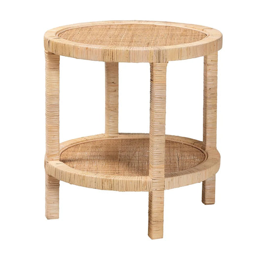 Table d'appoint à 2 niveaux en bois d'acajou brun naturel et rotin naturel, style bohème moderne