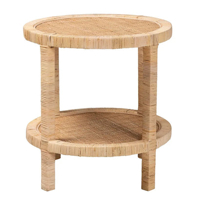 Table d'appoint à 2 niveaux en bois d'acajou brun naturel et rotin naturel, style bohème moderne