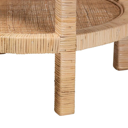 Table d'appoint à 2 niveaux en bois d'acajou brun naturel et rotin naturel, style bohème moderne