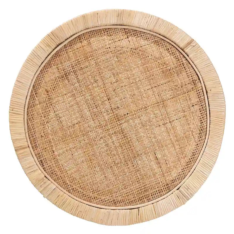 Table d'appoint à 2 niveaux en bois d'acajou brun naturel et rotin naturel, style bohème moderne