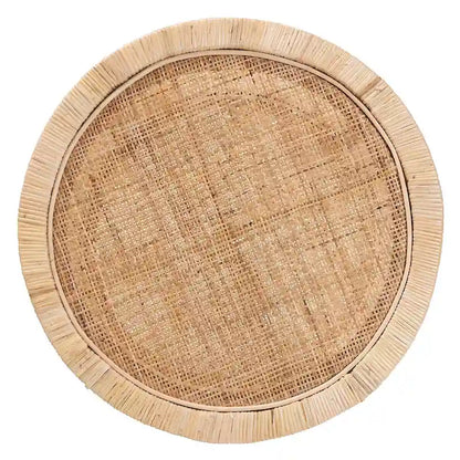 Table d'appoint à 2 niveaux en bois d'acajou brun naturel et rotin naturel, style bohème moderne