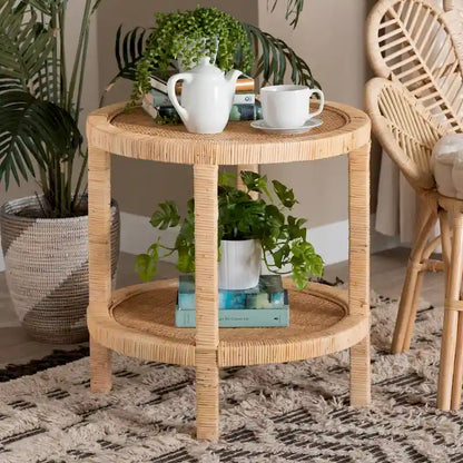 Table d'appoint à 2 niveaux en bois d'acajou brun naturel et rotin naturel, style bohème moderne