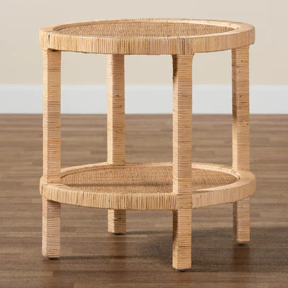 Table d'appoint à 2 niveaux en bois d'acajou brun naturel et rotin naturel, style bohème moderne