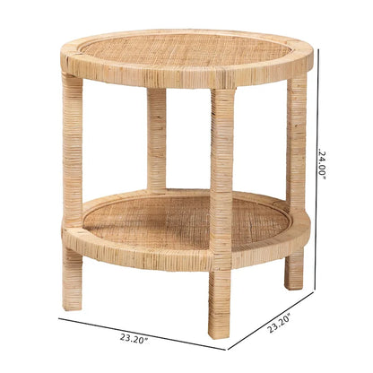 Table d'appoint à 2 niveaux en bois d'acajou brun naturel et rotin naturel, style bohème moderne