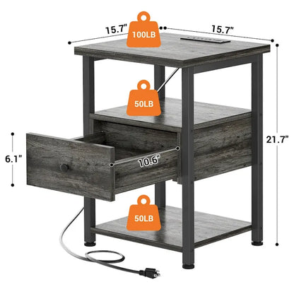 Tables de chevet de style campagnard en bois à 2 tiroirs avec station de recharge - Lot de 2