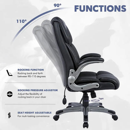Fauteuil de bureau exécutif à dossier haut avec accoudoirs rembourrés relevables, inclinaison verrouillable réglable, fauteuil à roulettes pivotant pour le travail et l'étude des adultes
