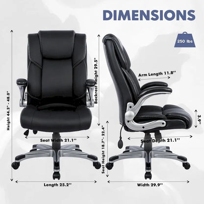 Fauteuil de bureau exécutif à dossier haut avec accoudoirs rembourrés relevables, inclinaison verrouillable réglable, fauteuil à roulettes pivotant pour le travail et l'étude des adultes