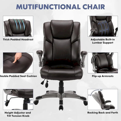 Fauteuil de bureau exécutif à dossier haut avec accoudoirs rembourrés relevables, inclinaison verrouillable réglable, fauteuil à roulettes pivotant pour le travail et l'étude des adultes