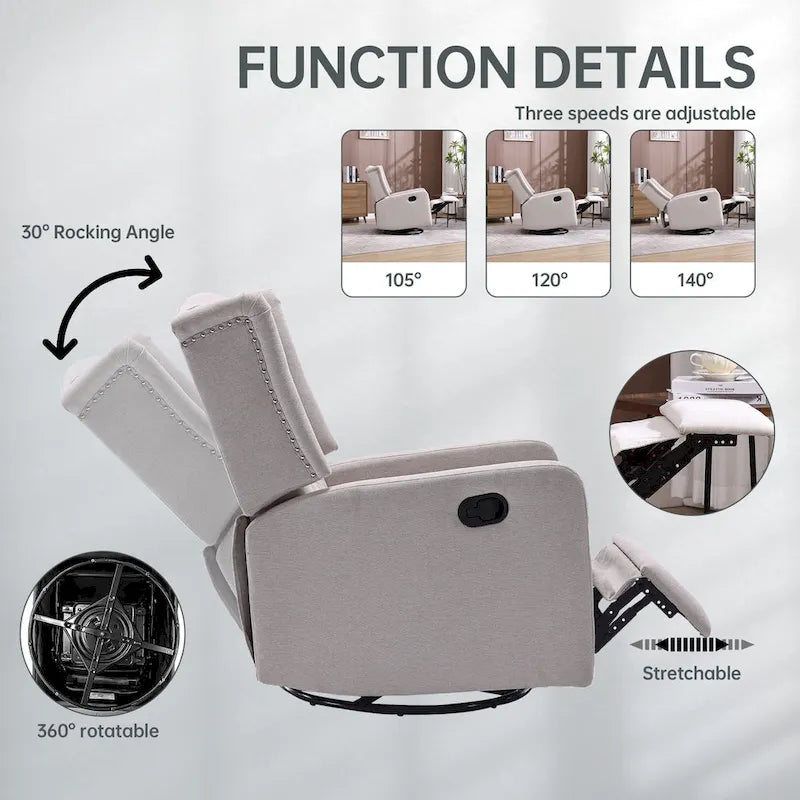 Fauteuil inclinable berçant pivotant à 360 degrés en tissu pour chambre à coucher, salon
