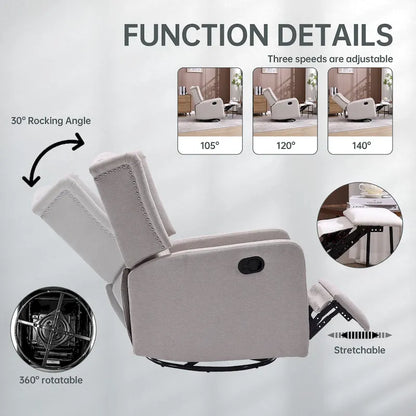 Fauteuil inclinable berçant pivotant à 360 degrés en tissu pour chambre à coucher, salon