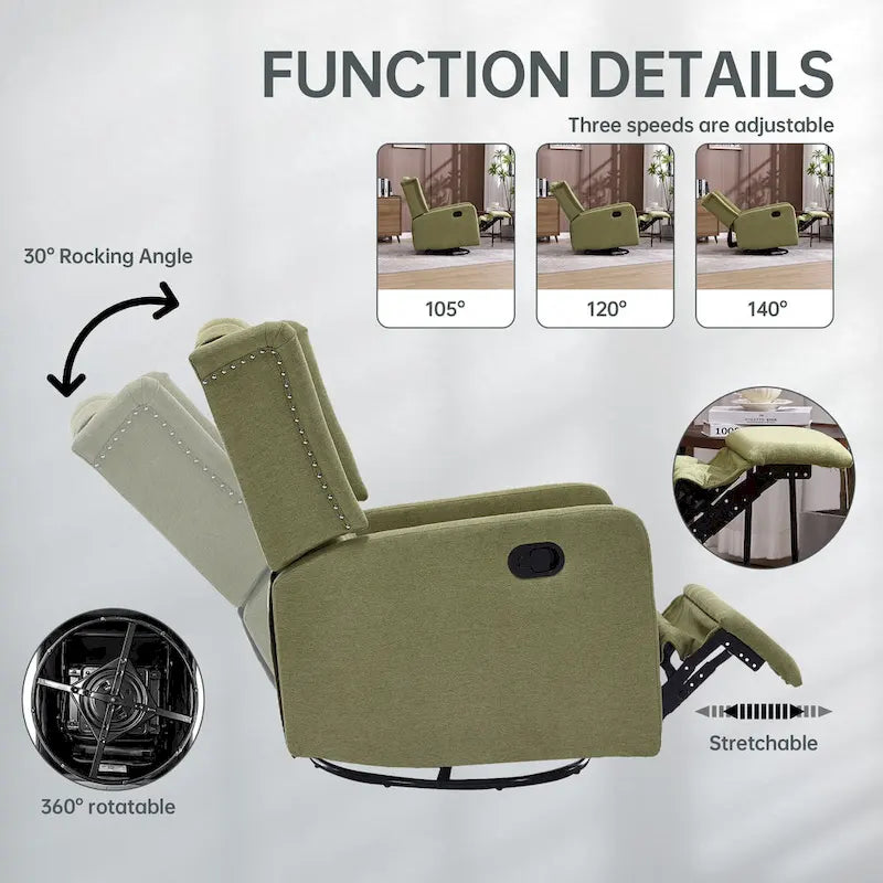 Fauteuil inclinable berçant pivotant à 360 degrés en tissu pour chambre à coucher, salon