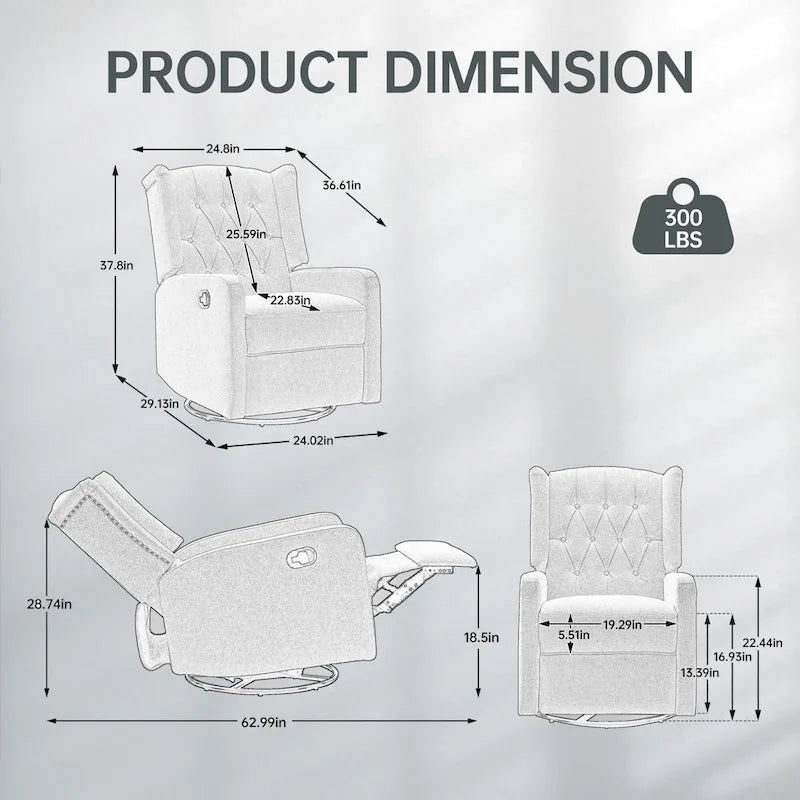 Fauteuil inclinable berçant pivotant à 360 degrés en tissu pour chambre à coucher, salon