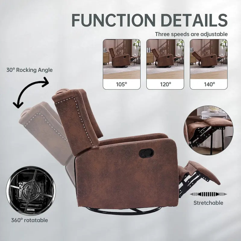 Fauteuil inclinable berçant pivotant à 360 degrés en tissu pour chambre à coucher, salon
