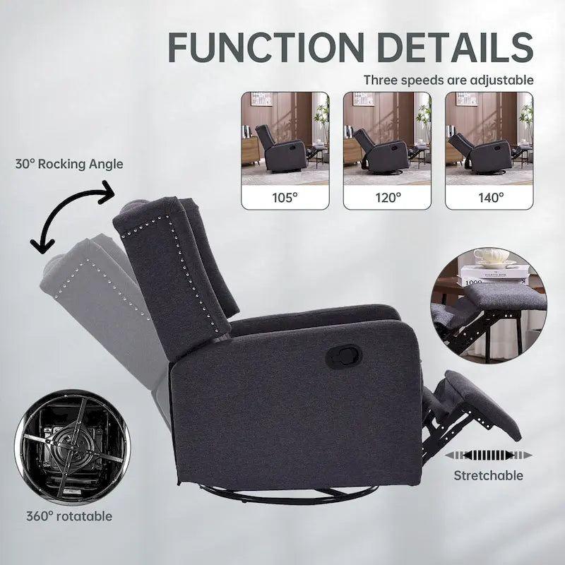 Fauteuil inclinable berçant pivotant à 360 degrés en tissu pour chambre à coucher, salon
